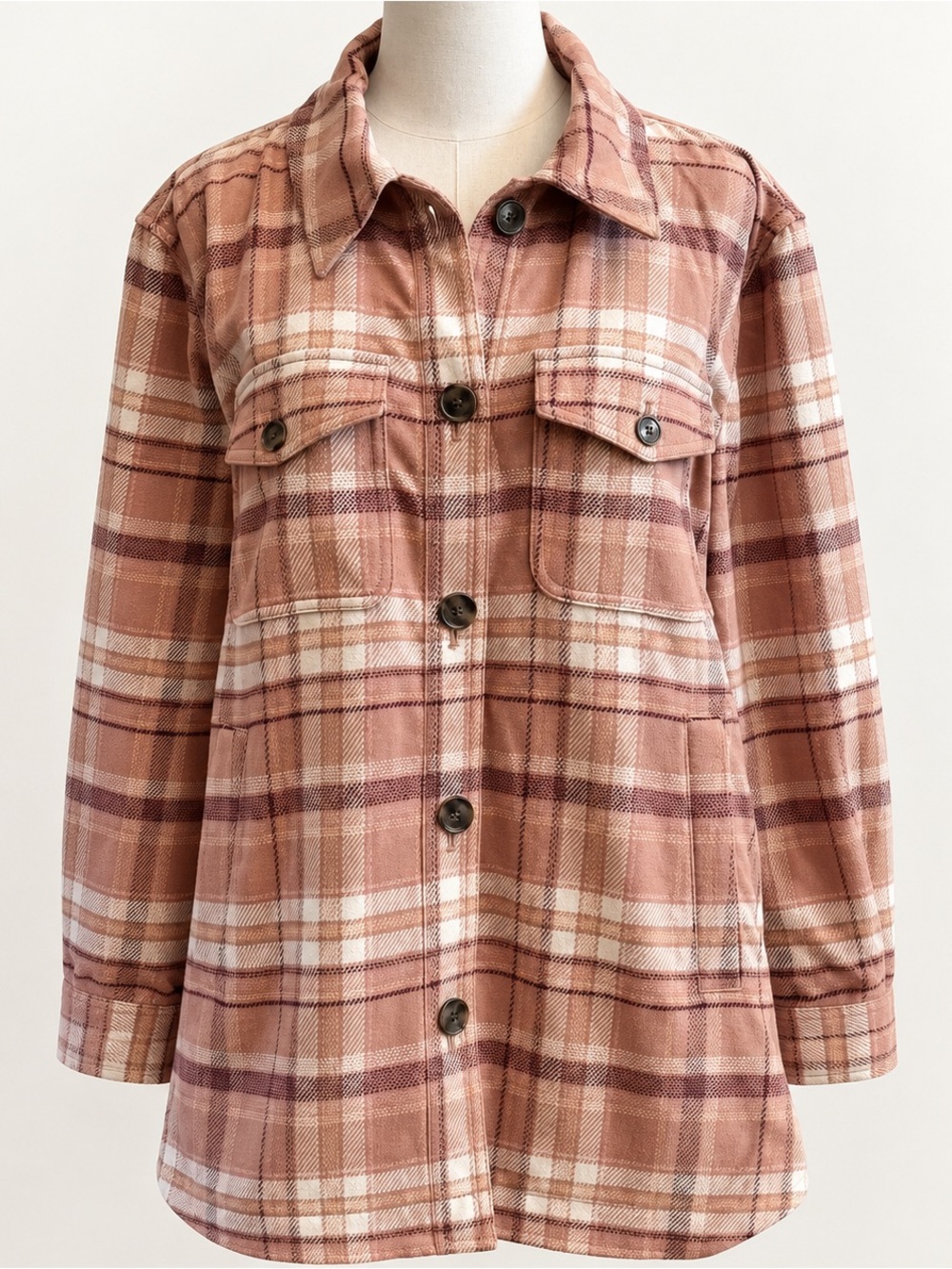 NWT LOFT Plaid Shacket Jacket Medium Pink Button Front Fall Layer